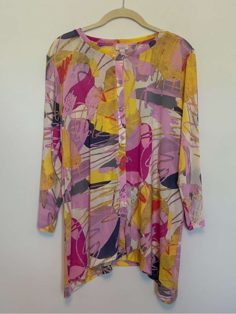 LOGO Layers Lori Goldstein Mesh Abstract Print Long Sleeve Button Front Top L